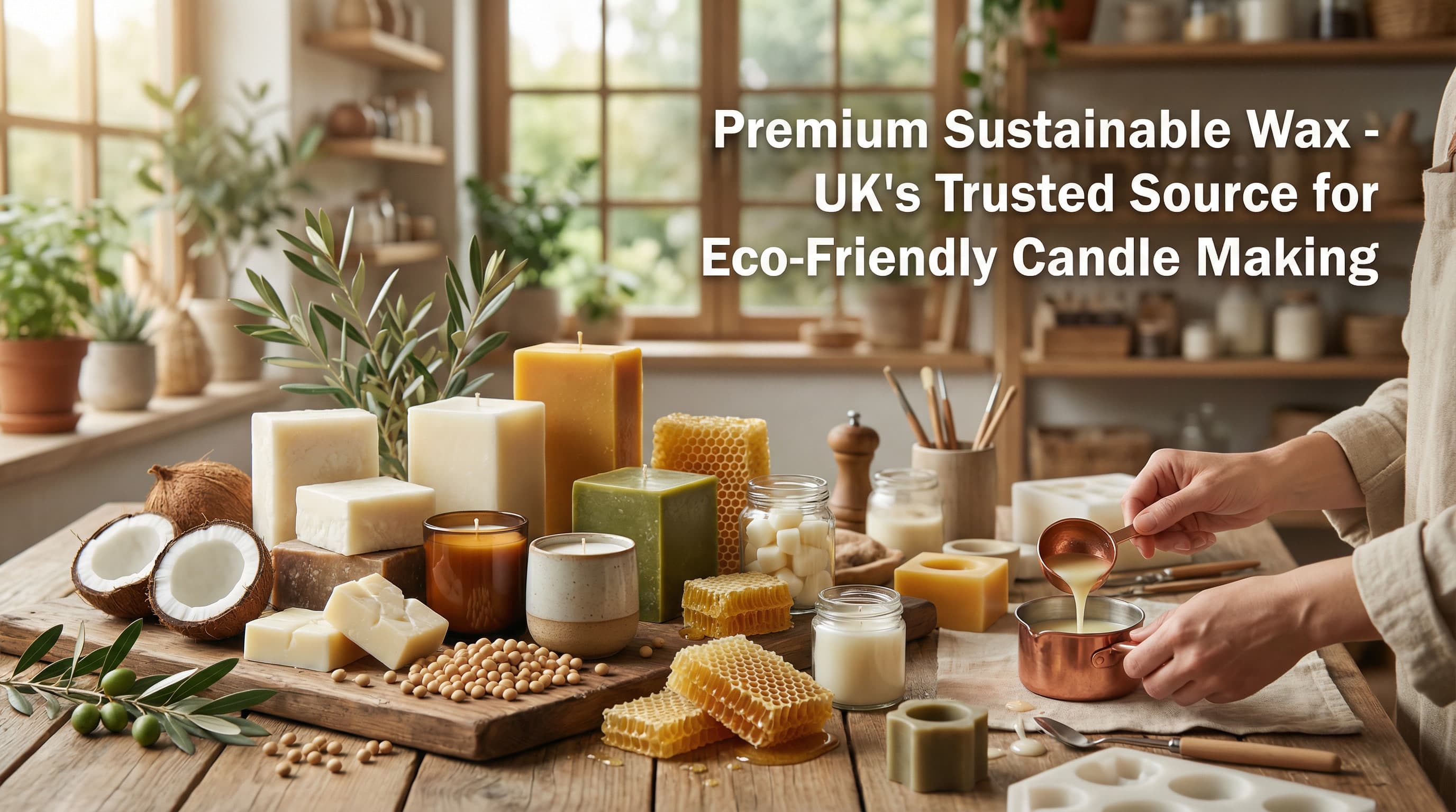 Sustainable candle wax workspace with wax flakes and finished candles