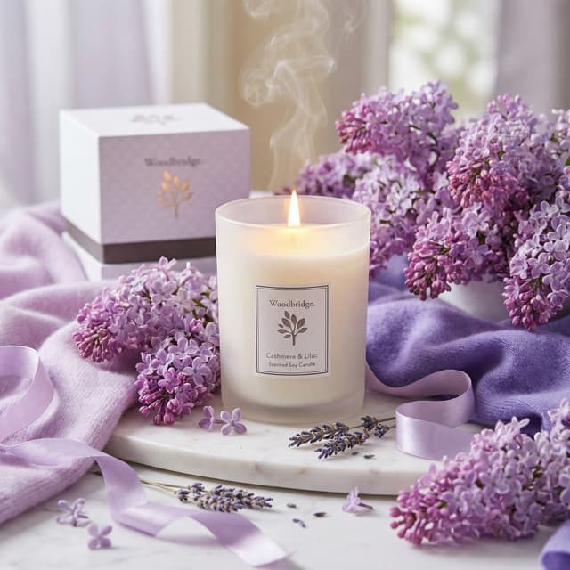 Woodbridge Cashmere and Lilac Medium Soy Wax Candle and Ceramic Aroma Stone
